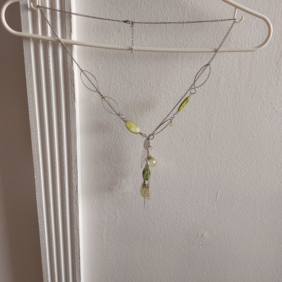 Long Slip On Green Color Green Beads Silver Necklace Chains - Picture 1 of 8